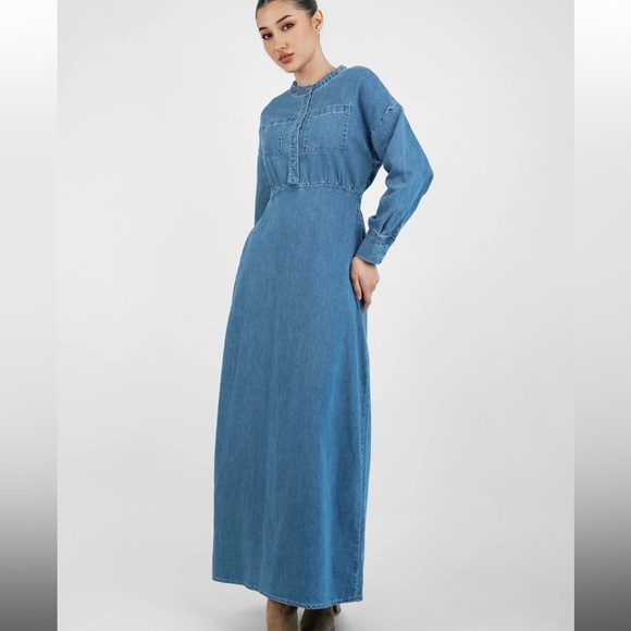 FARES Blue Wash Soft Stretchy Long Sleeve Waist Tie Denim Maxi Dress - Picture 5 of 9